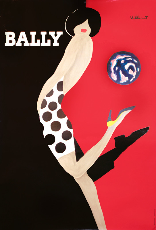 Woman dances with man in shadow with globe behind; red, black, white