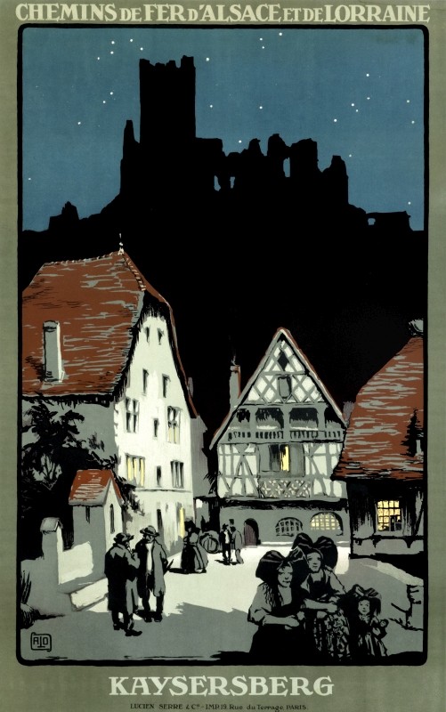 Night scene of castle ruins and village below; blue, black, brown