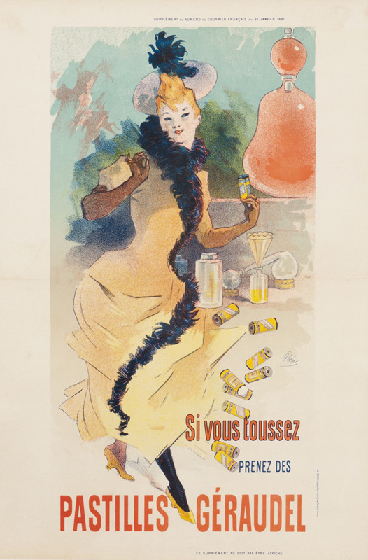 Girl in pharmacy surrounded by chemistry equipment and falling cans of cough drops; blue, orange