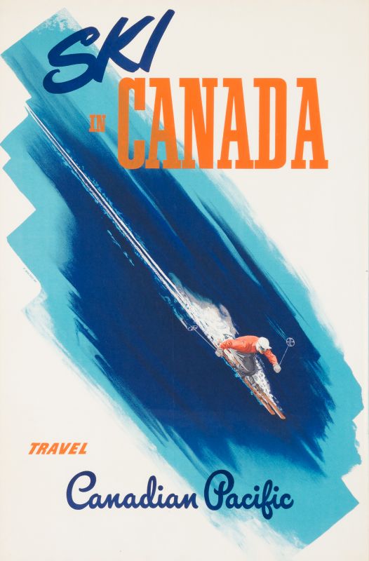 skiier on downhill with blue abstract slope; blue, orange, white