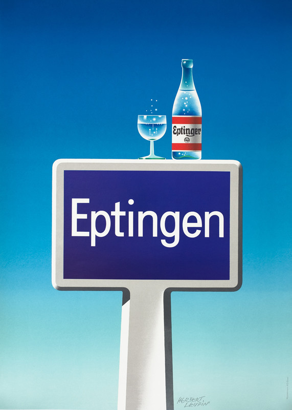 Eptinger bottle and glass on a road sign; blue, gray, white